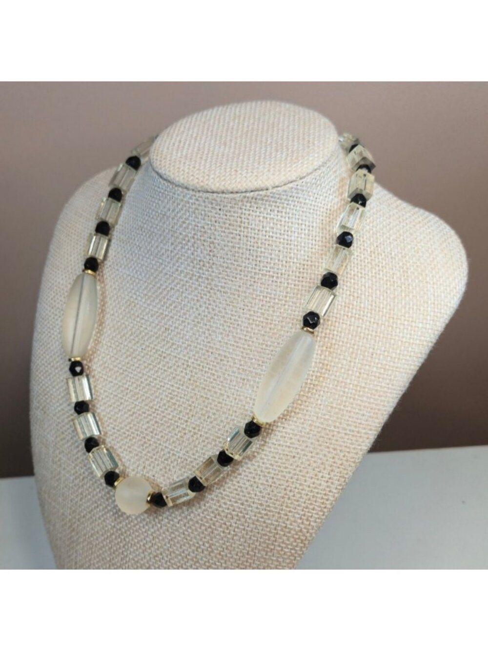 Glass Beaded Bib Necklace Diane Von Furstenberg DVF Clear Black Frosted Vintage